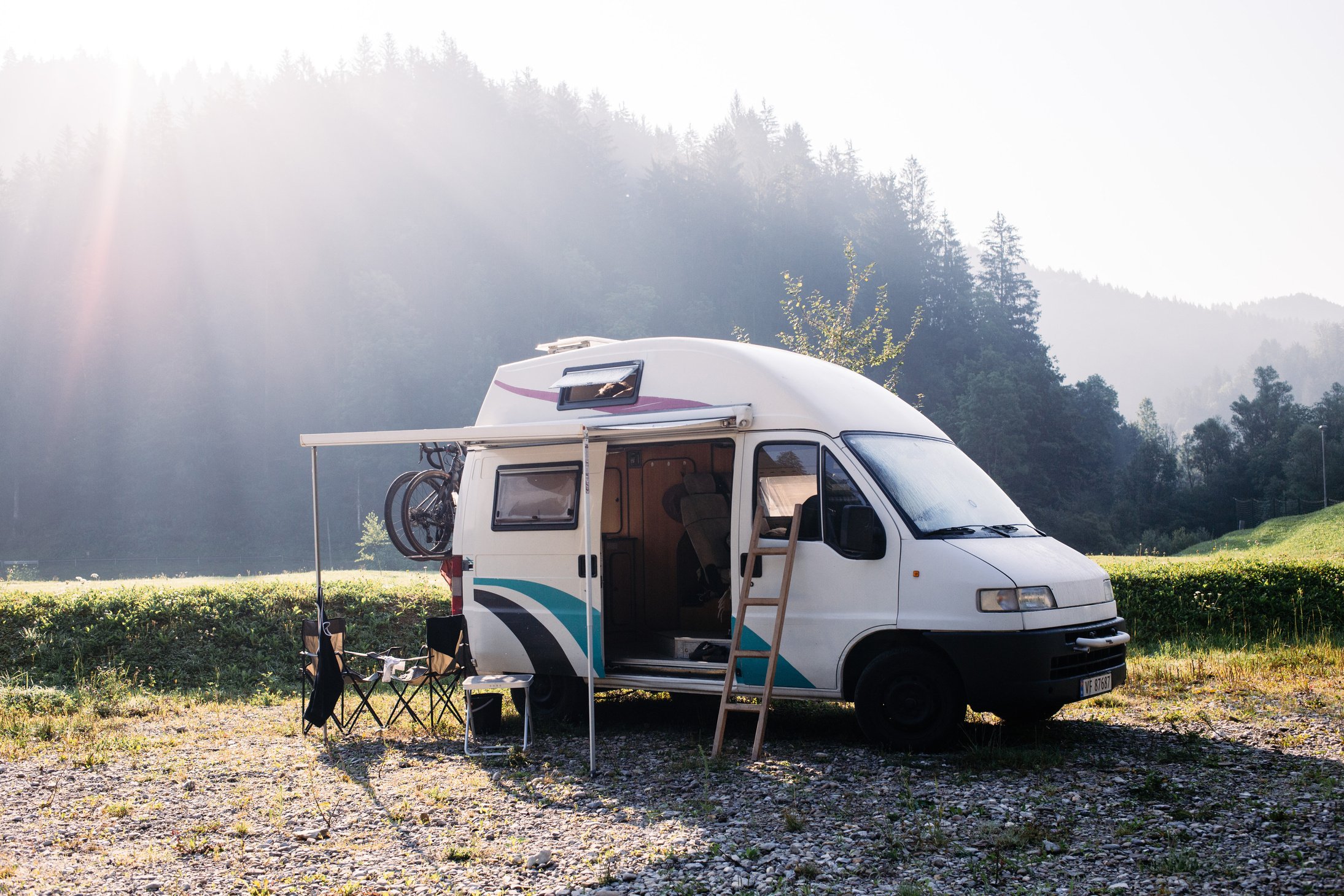 Vintage hipster camping van, vanlife concept